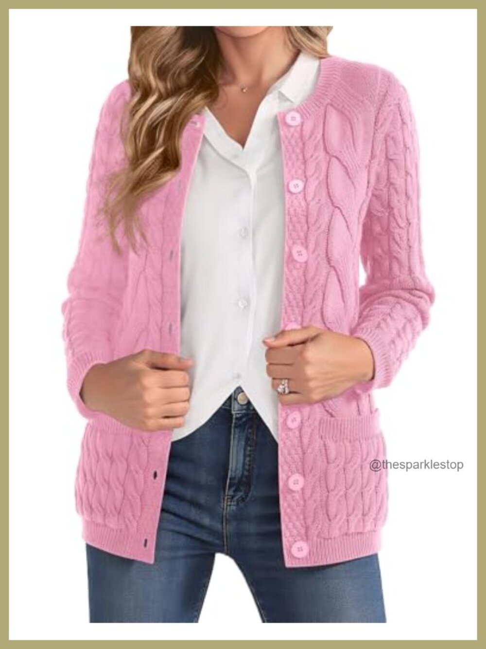 Cable Knit Cardigan Sweater Crew Neck Button Up with Pockets Fall Winter